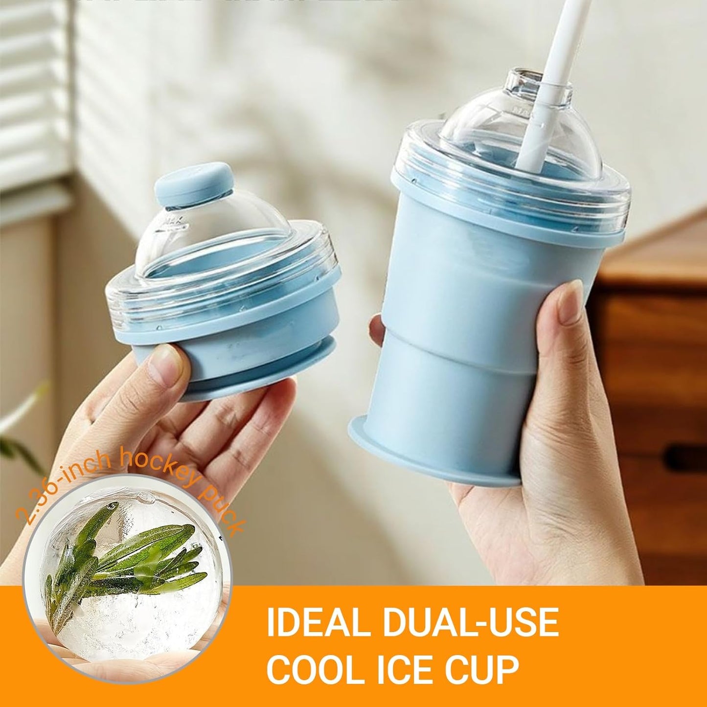Portable Reusable Collapsible Ice Hockey Cup with Attached Straw