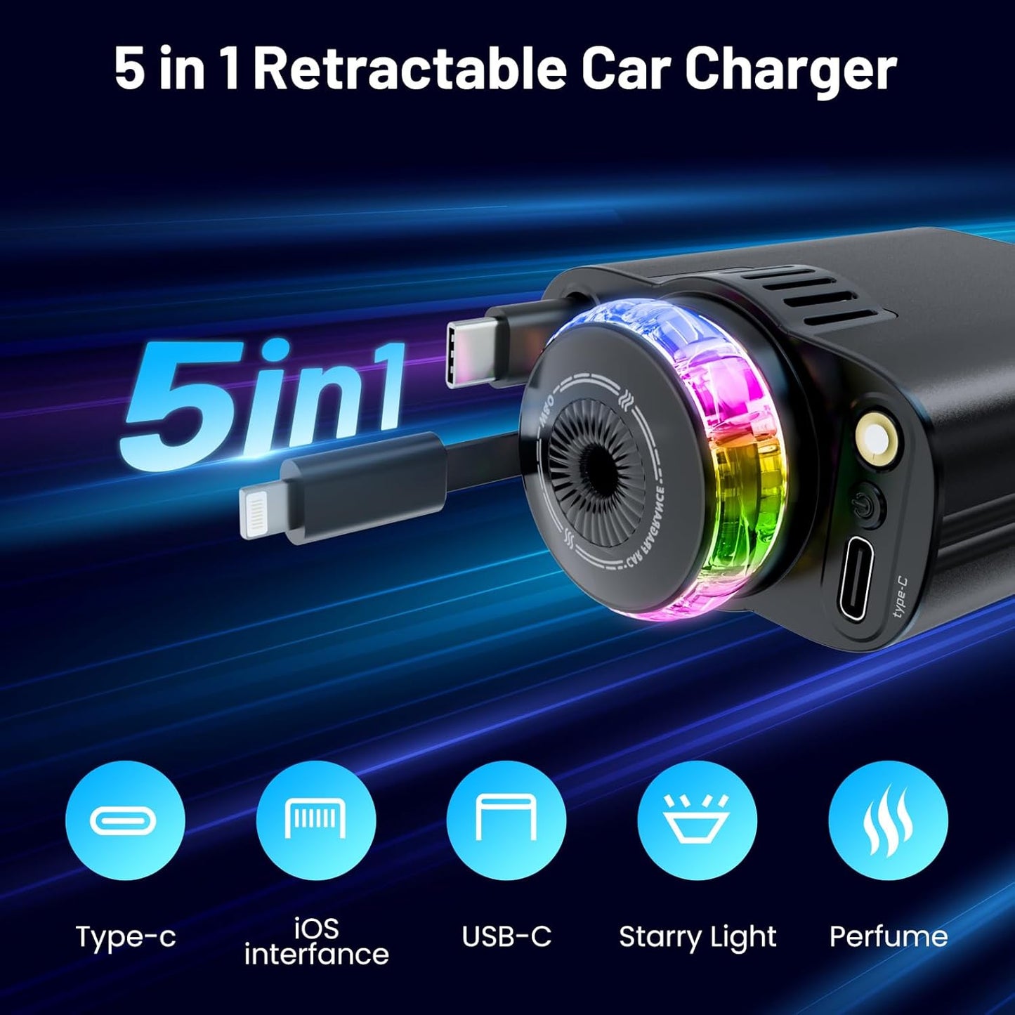 Retractable Car Charger with Aromatherapy and Starlight, Fast Charging Compatible with iPhone Android