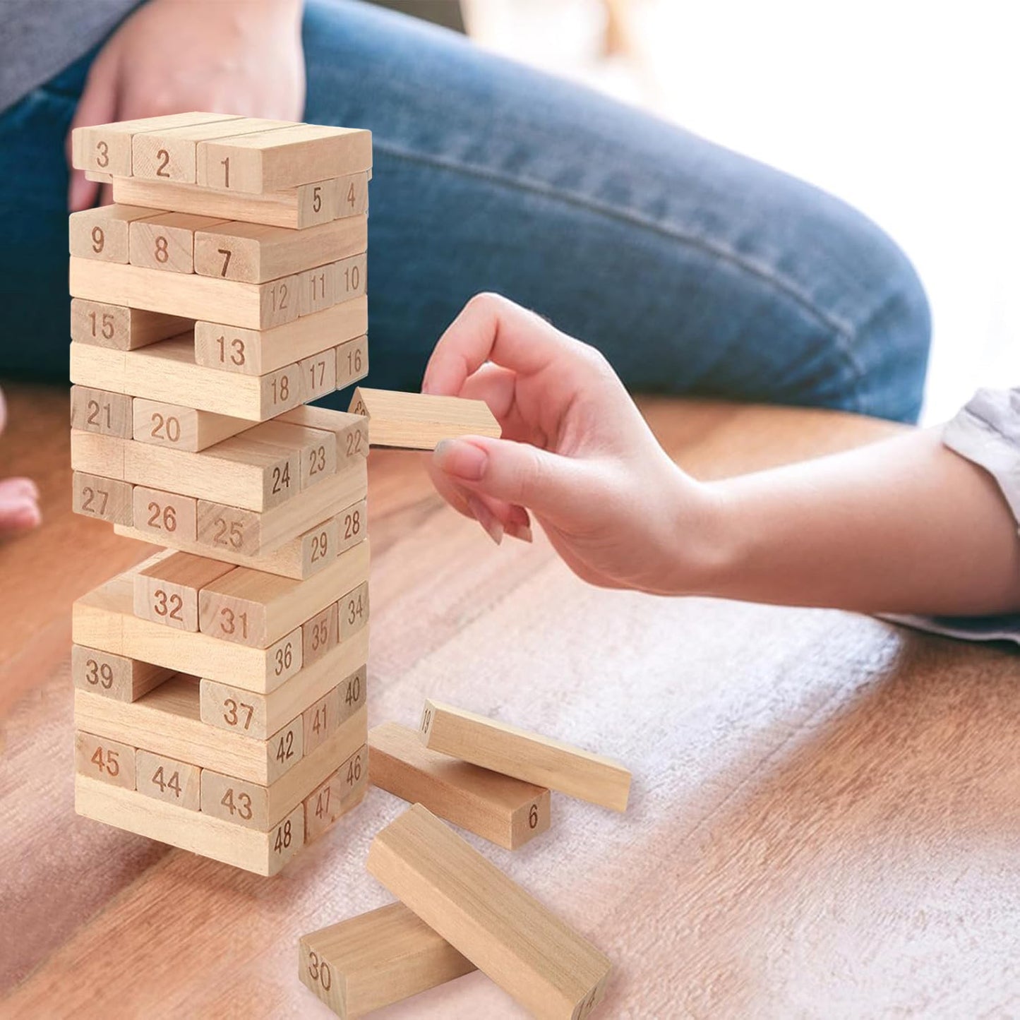Tumbling Tower Game - 48 Pieces Wooden Blocks Stacking Tumbling Tower Game