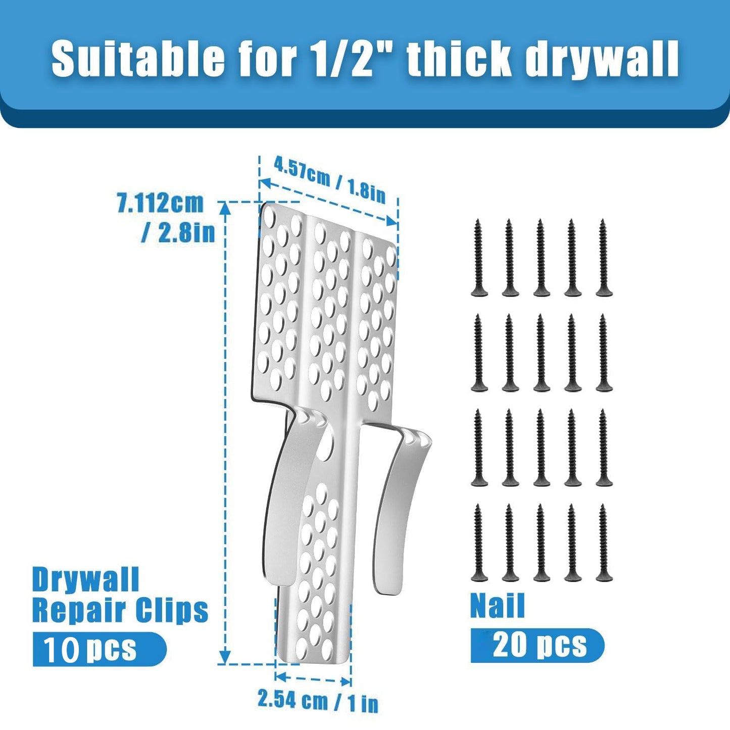 Drywall Repair Clips - 10pcs Drywall Fastener Clips with 20 Screws Fits 1/2" and 5/8" Panels