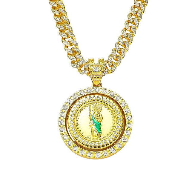 Generic Filled San Judas Necklace For Men Women - Exquisite Zircon Jude Thaddeus Rainbow Crystal Pendant Prayer Religious Retro Necklace