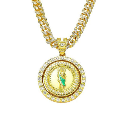 Generic Filled San Judas Necklace For Men Women - Exquisite Zircon Jude Thaddeus Rainbow Crystal Pendant Prayer Religious Retro Necklace