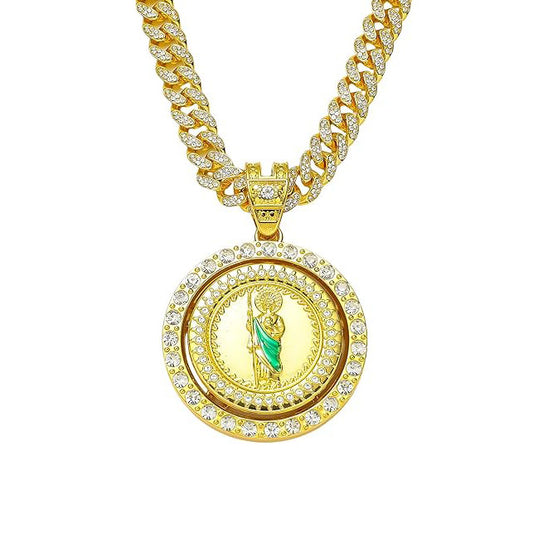 Generic Filled San Judas Necklace For Men Women - Exquisite Zircon Jude Thaddeus Rainbow Crystal Pendant Prayer Religious Retro Necklace