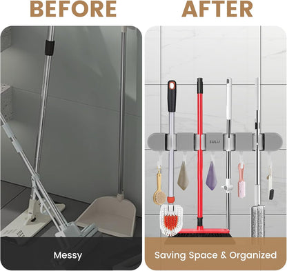 No-Drilling Self-Adhesive Mop and Broom Storage Rack (4 Racks with 5 Hooks)