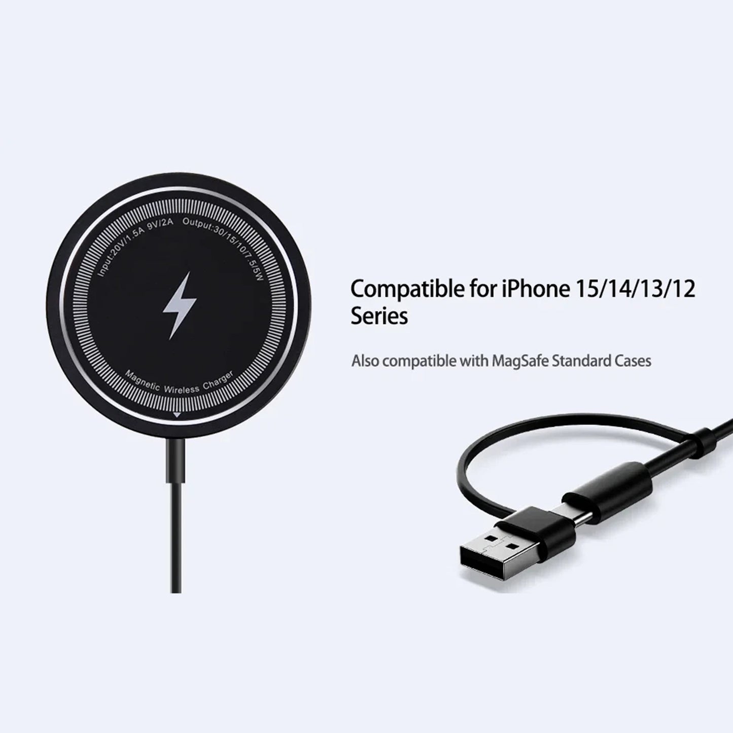 2-in-1 Magnetic Wireless Charger with USB-C & USB-A Ports for iPhone Fast Charging