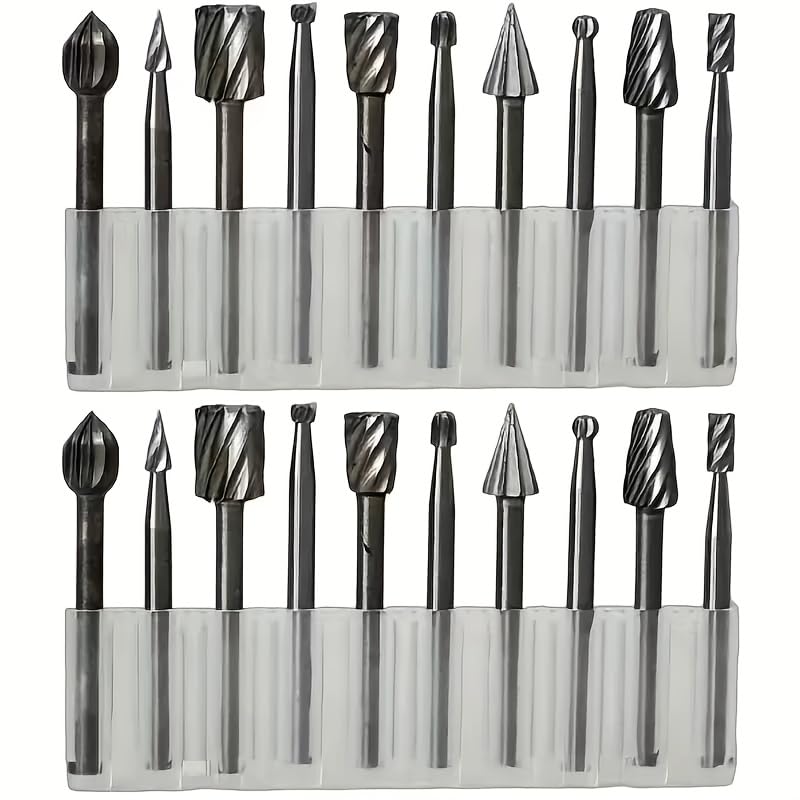 20pcs High-Speed Steel Rotating Burrs Knife Set | 10 Kinds of Cutter Head Shape Carving Grinding Head 1/8 "Shank