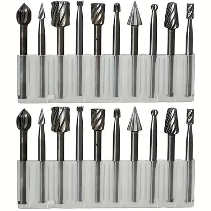 20pcs High-Speed Steel Rotating Burrs Knife Set | 10 Kinds of Cutter Head Shape Carving Grinding Head 1/8 "Shank