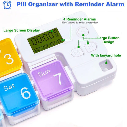 7 Day Medicine Pill Organizer, 4 Reminder Alarms, Loud Sound