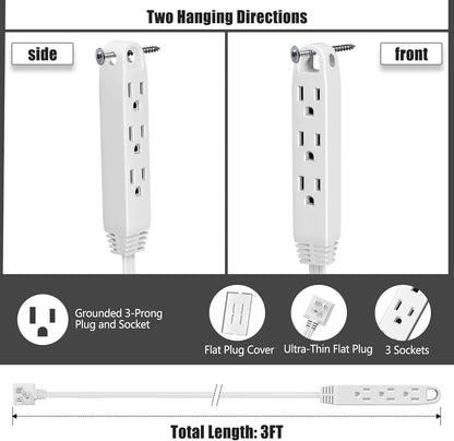 Ultra-Thin Plug Power Strip Extension Cord with 3 Outlets