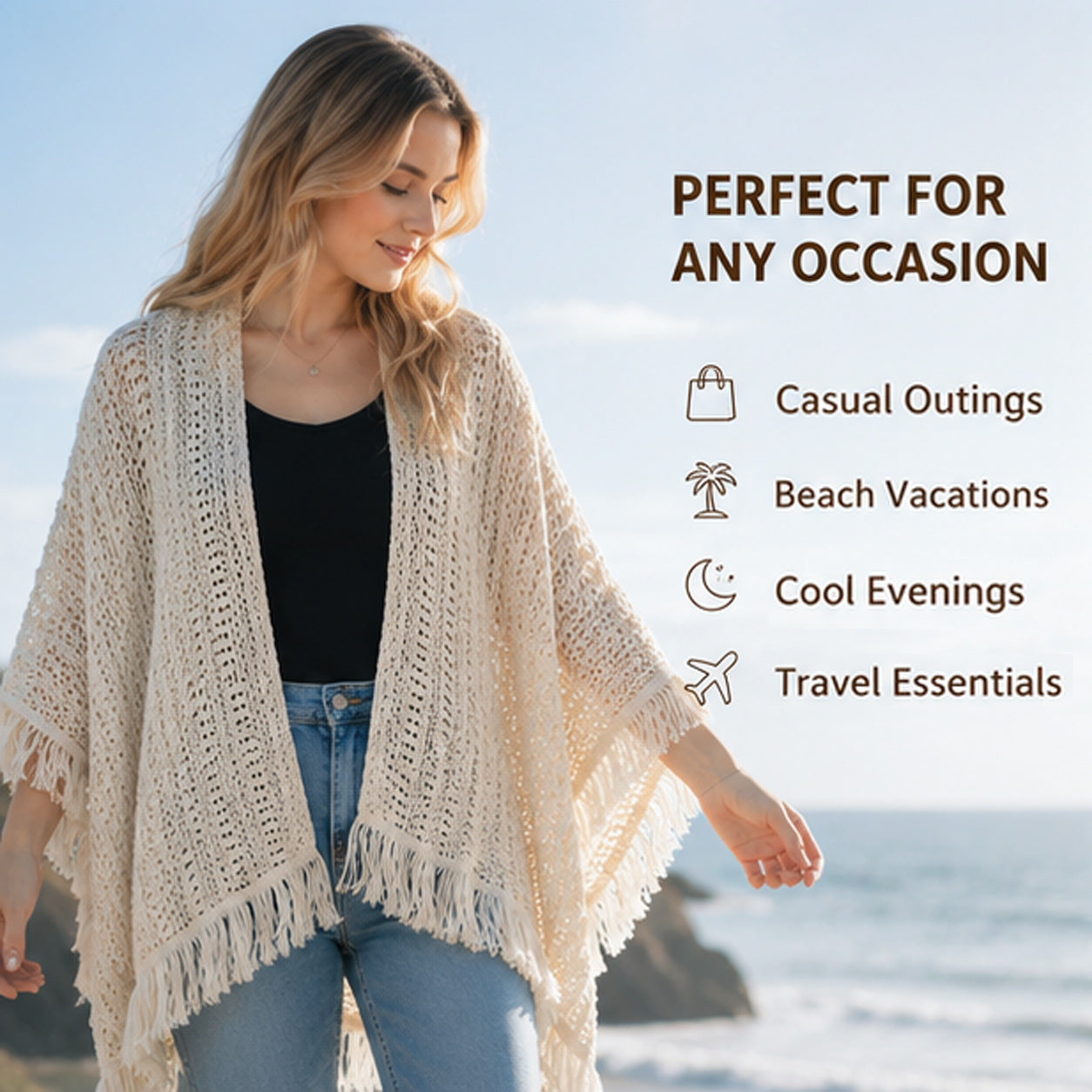 Handmade Beige Fringed Shawl