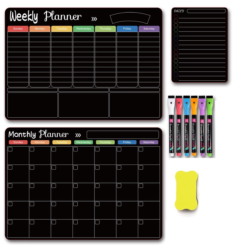 Magnetic Calendar for Refrigerator - Black Weekly Mouthly Planner Whiteboard for Fridge