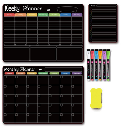 Magnetic Calendar for Refrigerator - Black Weekly Mouthly Planner Whiteboard for Fridge