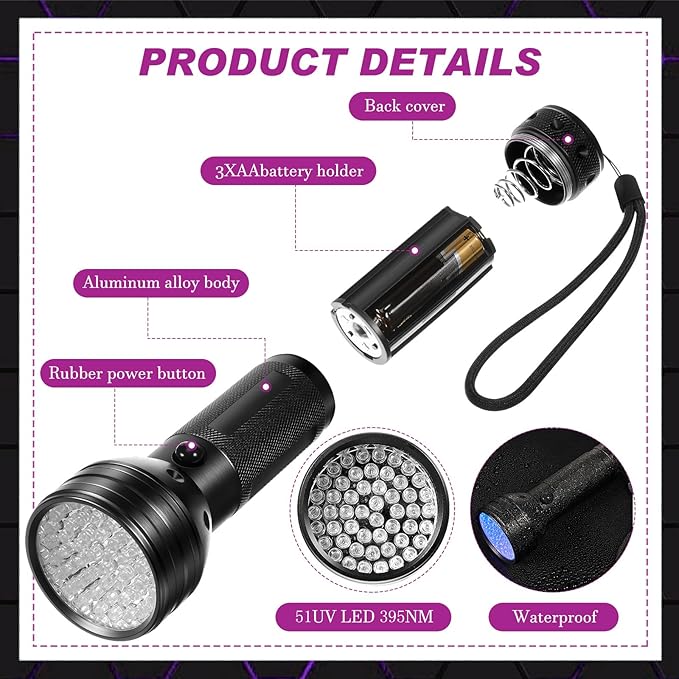 51-LED UV Purple Light Flashlight — Scorpion Detector, Counterfeit Currency Verifier, and Curing Light
