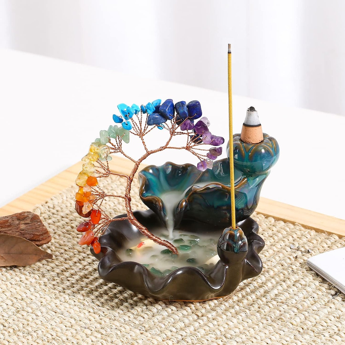 7 Chakra Waterfall Fountain Crystal Tree for Luck Incense Burner Holder