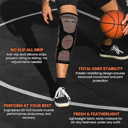 2 Pack Copper Knee Braces for Women and Men, Knee Compression Sleeve for Knee Pain, Arthritis