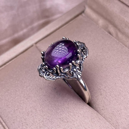 Luxury Oval Amethyst Rings for Women Nepalese lace Silver Vintage Adjustable Open Purple Gemstone Ring