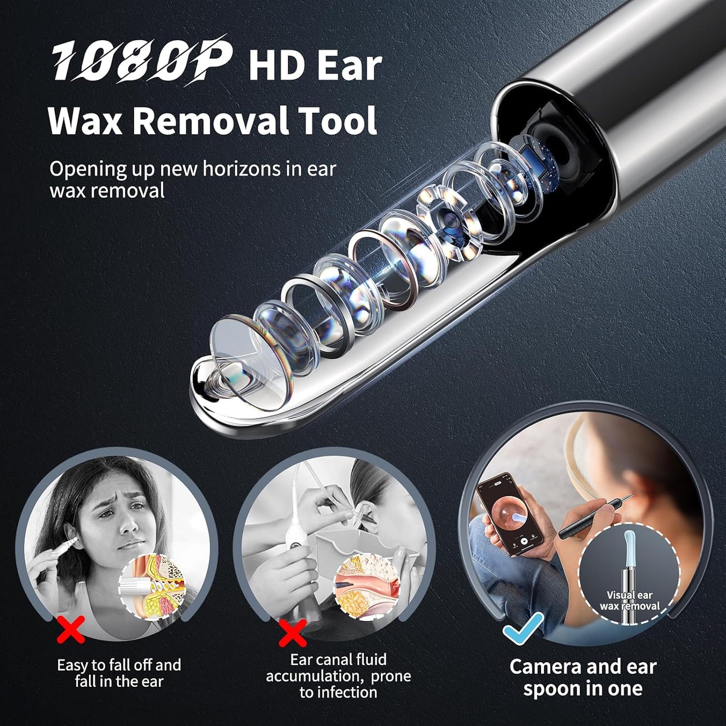 Ear Wax Remover Tool with 8 Pcs Ear Set - Ear Canal Cleaner with 1080P Camera