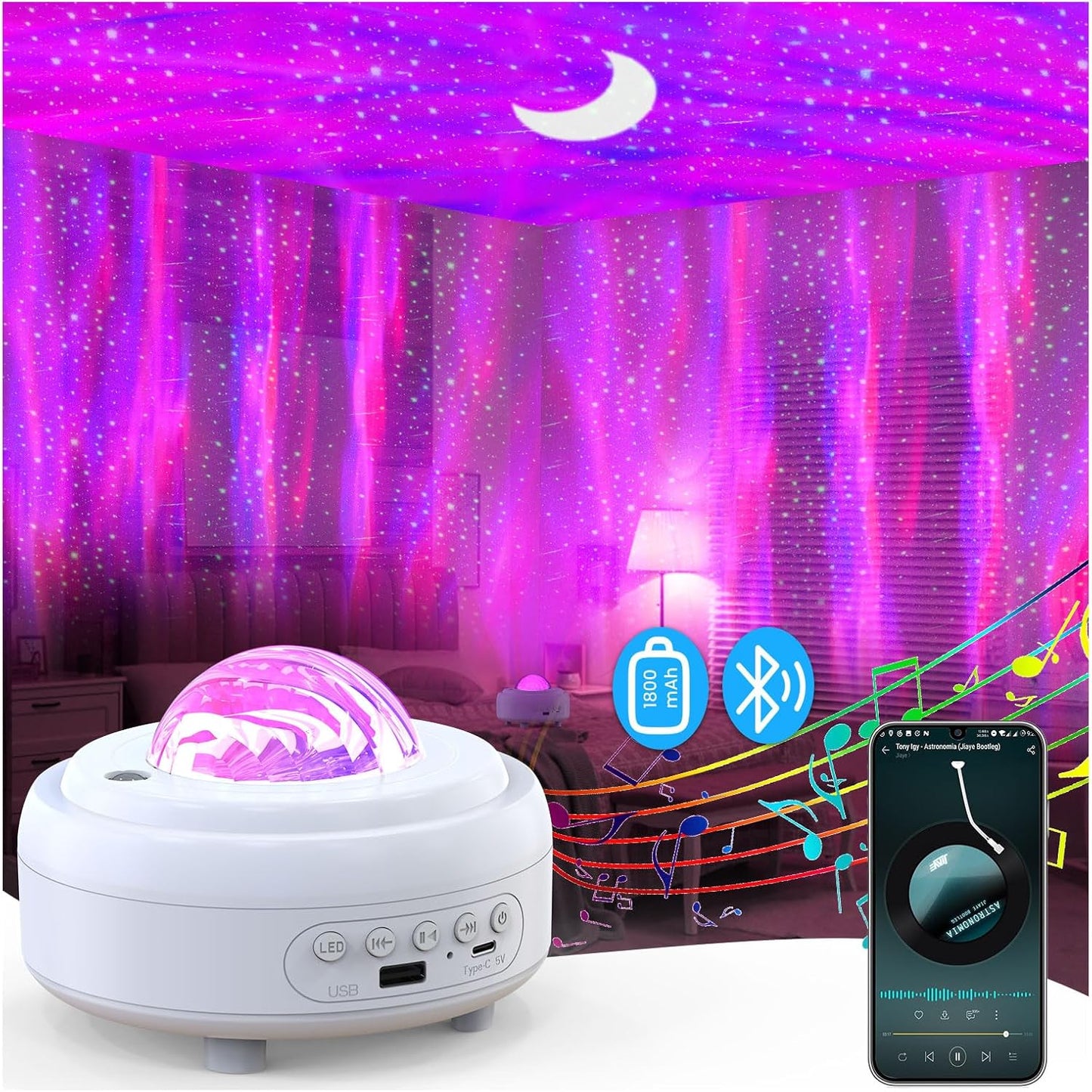 UFO Spaceship Projection Starry Sky Lamp with Bluetooth Speaker LED Lights Bedroom RGB Aurora Moon Lamp