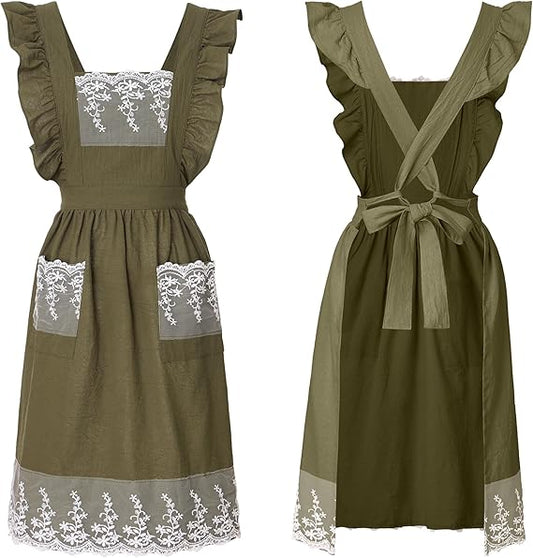 Vintage Apron for Women with Pockets, Lace Cute Cotton Linen Cross Back Apron