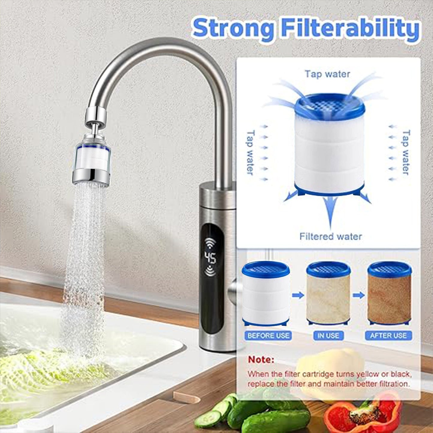 Universal 360 ° Rotating Filter Faucet,  Removes Chlorine Fluoride Heavy Metals Hard Water