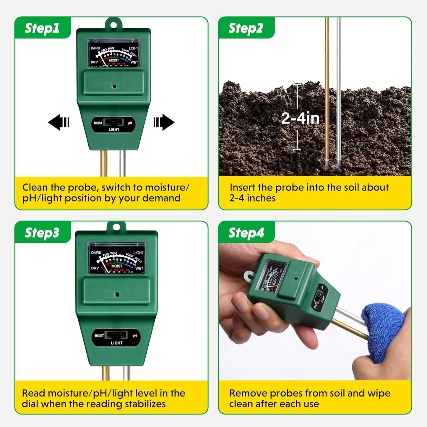 3 in 1 Square PH Tester - Soil Water Moisture Light Test Meter Sensor Garden Plant Flower