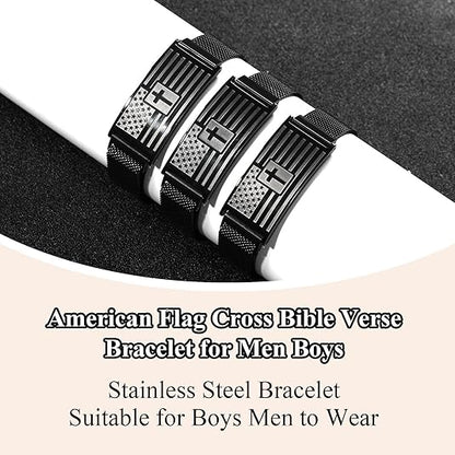 American Flag Cross Bracelet for Men ,Stainless Steel Bible Verse Bracelet Jewelry Gifts for Men Boys