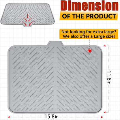 Silicone Dish Drying Mat with Built-in Drain Lip - Tray Protects Surfaces Prevents Water Build Up