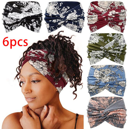 6pcs 7'' Floral Printed Turban Headbands Set - Boho Hair Band Twist Hair Accessories for Women