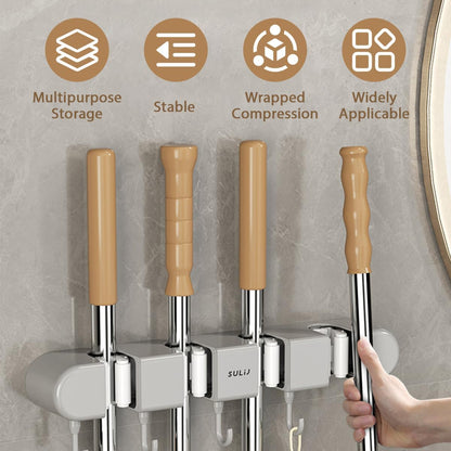 No-Drilling Self-Adhesive Mop and Broom Storage Rack (4 Racks with 5 Hooks)