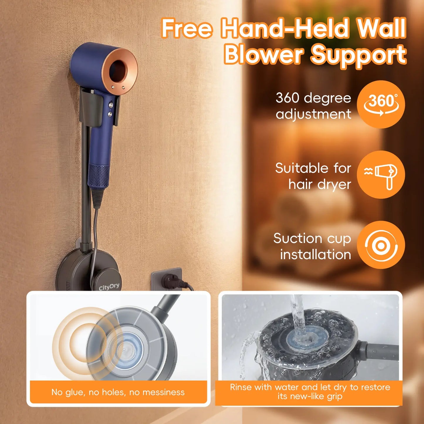 Shower Friendly Holder - Durable And Sleek Hair Dryer Holder Suitable For Bathroom Use
