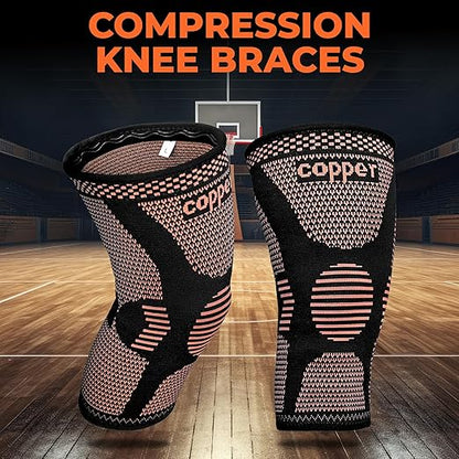 2 Pack Copper Knee Braces for Women and Men, Knee Compression Sleeve for Knee Pain, Arthritis