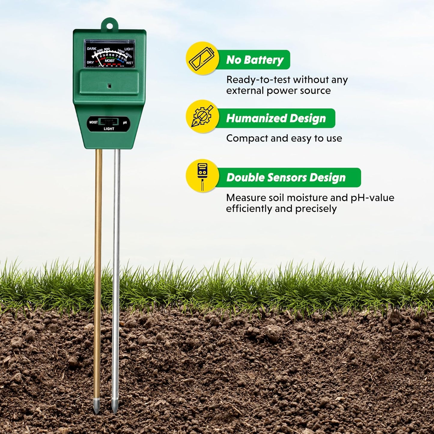 3 in 1 Square PH Tester - Soil Water Moisture Light Test Meter Sensor Garden Plant Flower