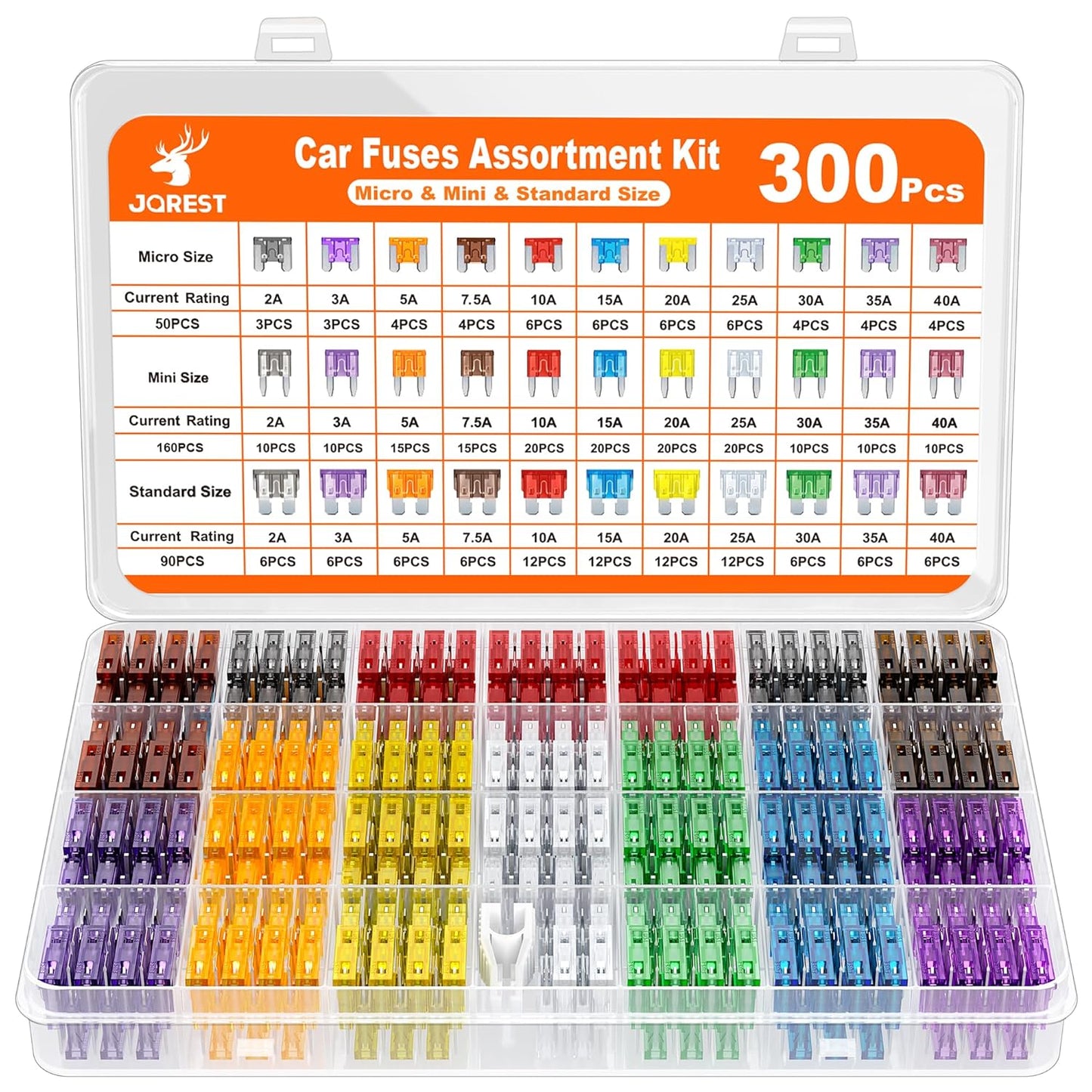 300Pcs Car Fuse Assortment Kit, 160 Mini Fuses Automotive + 90 Standard Auto Fuses + 50 Micro + Puller