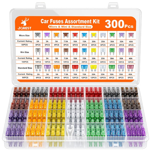300Pcs Car Fuse Assortment Kit, 160 Mini Fuses Automotive + 90 Standard Auto Fuses + 50 Micro + Puller
