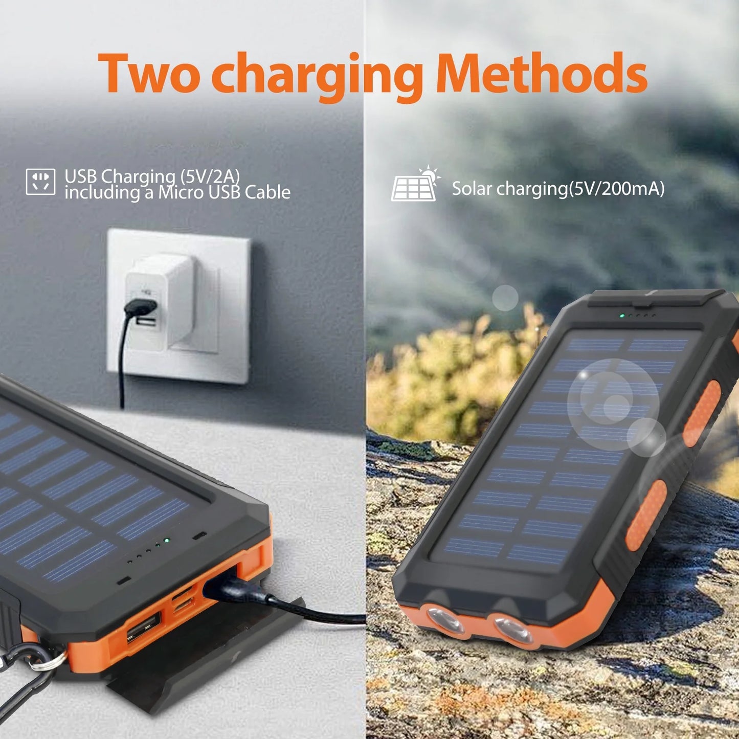 20000mAh Solar Power Bank Compatitble with Dual 5V USB Ports 2 Flashlight Compass Battery Pack