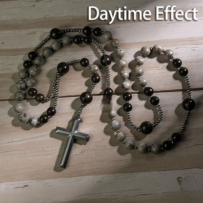 Natural Obsidian Yooperlite Rosary Necklace, UV Reactive Energy Protection Healing Crystal