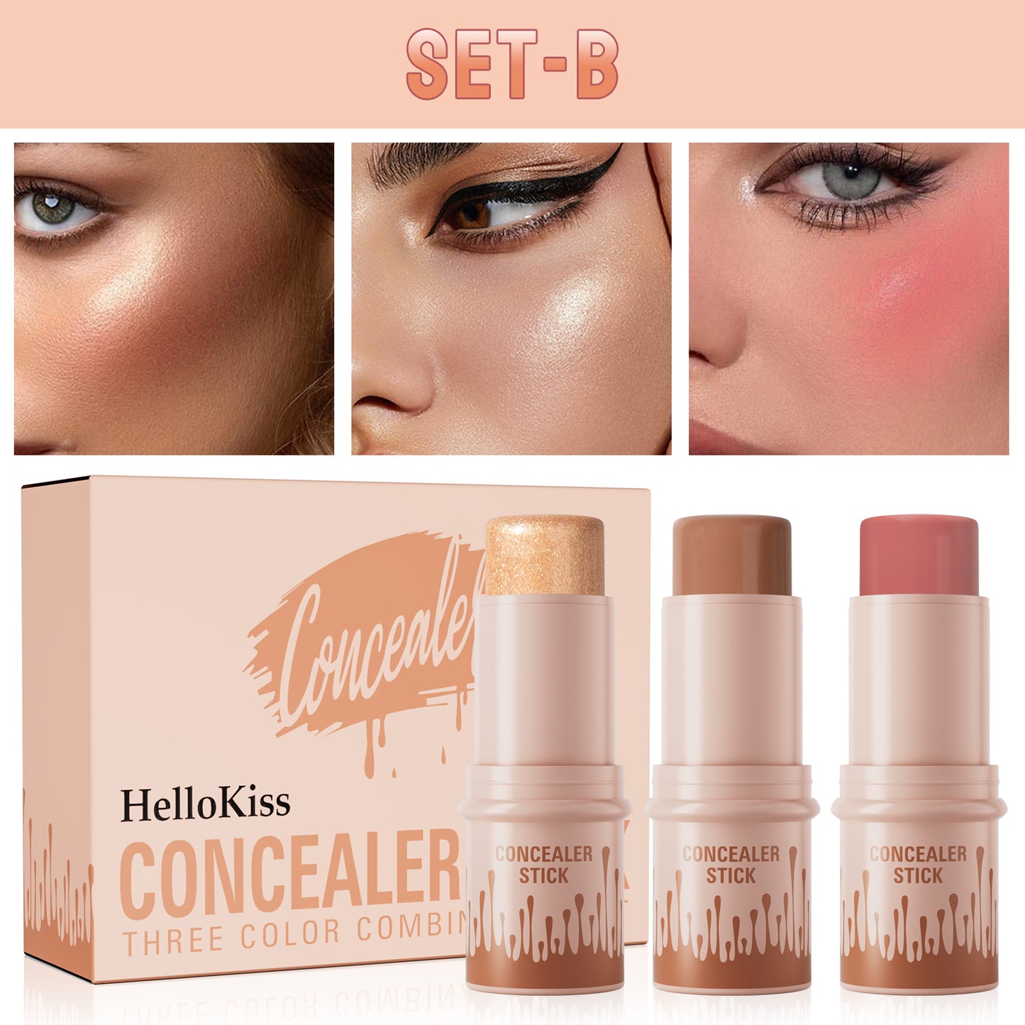3pcs Long-Lasting Waterproof Contour Stick Set -  Cream Blush & Highlighter Bronzer Pen