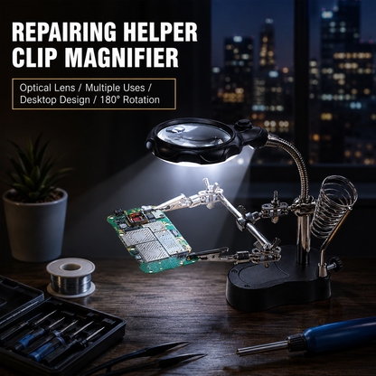 Soldering aid with magnifying glass and LED light stand