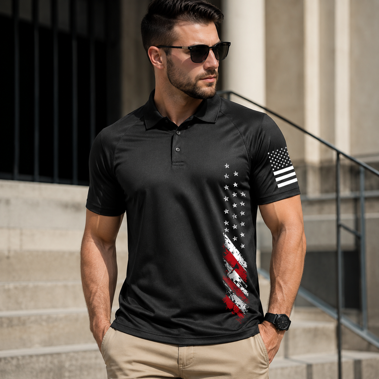 Men's American Flag Print Polo Shirt
