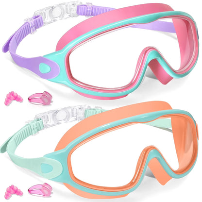 2 Pack Swim Goggles for Kids Ages 3-15 Anti-Fog Anti-UV Wide Vision Waterproof No Leak