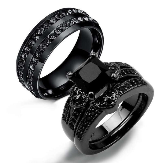 Couple Ring His Hers Women Black Gold Filled Cz Men Stainless Steel