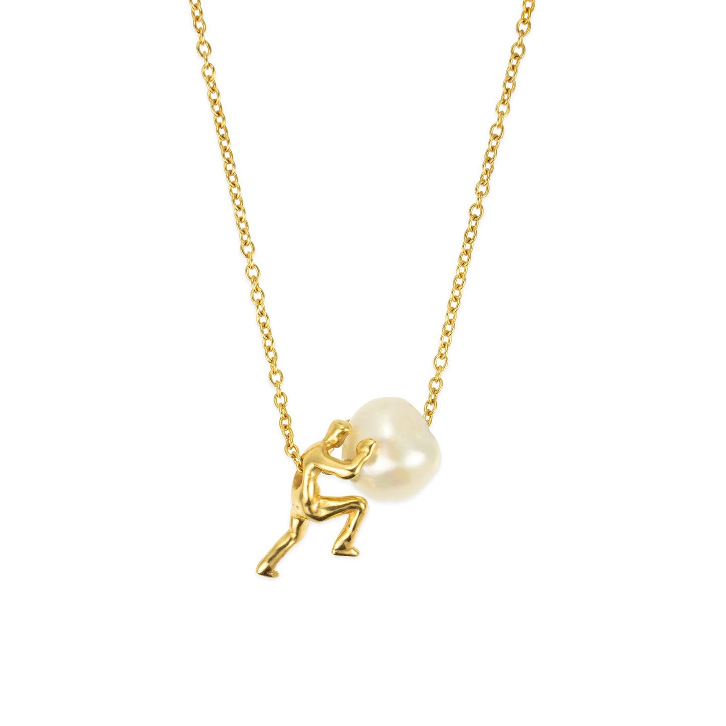Sisyphus Tiny Figure Pushing Pearl Pendant: Quirky Symbolic Sweater Necklace