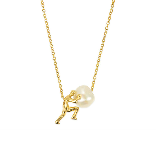 Sisyphus Tiny Figure Pushing Pearl Pendant: Quirky Symbolic Sweater Necklace