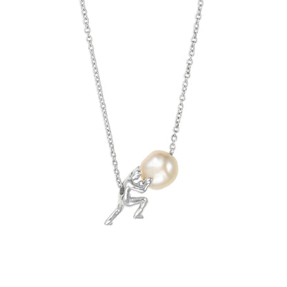 Sisyphus Tiny Figure Pushing Pearl Pendant: Quirky Symbolic Sweater Necklace