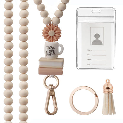 Teacher Lanyard with ID Holder, Cute Wood Beaded Lanyard for Keys