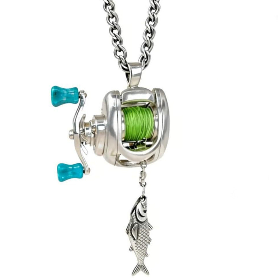 Fishing Reel Necklace Rotating Handle Swirling Reel Pendant