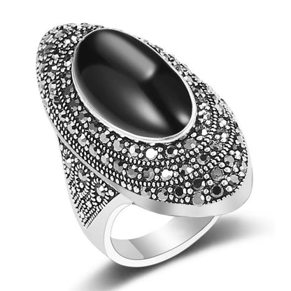 Antique Silver Big Black Marcasite & Crystal Onyx Stone Ring for Women