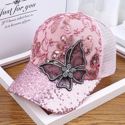 Sequined Rhinestone Baseball Cap Outdoor Summer Shade Ladies Big Butterfly Cap