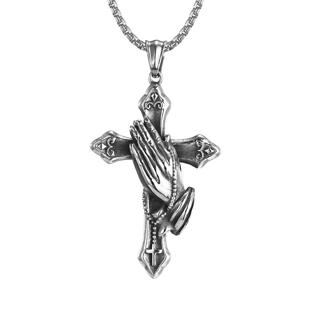 Praying Hands Cross Necklace, Serenity Prayer Pendant, Christian Cross Jewelry Gift for Men Women