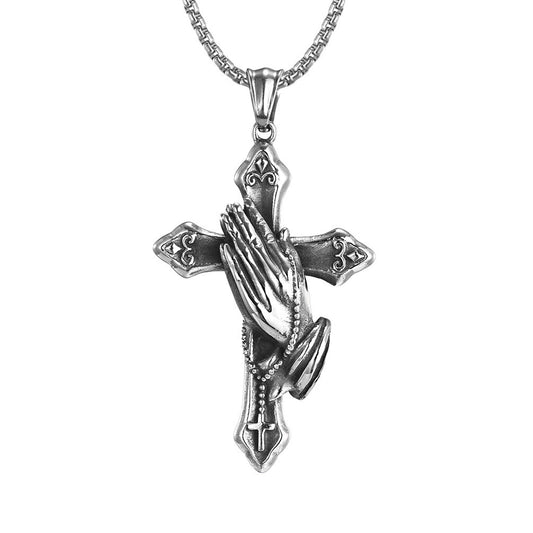 Praying Hands Cross Necklace, Serenity Prayer Pendant, Christian Cross Jewelry Gift for Men Women